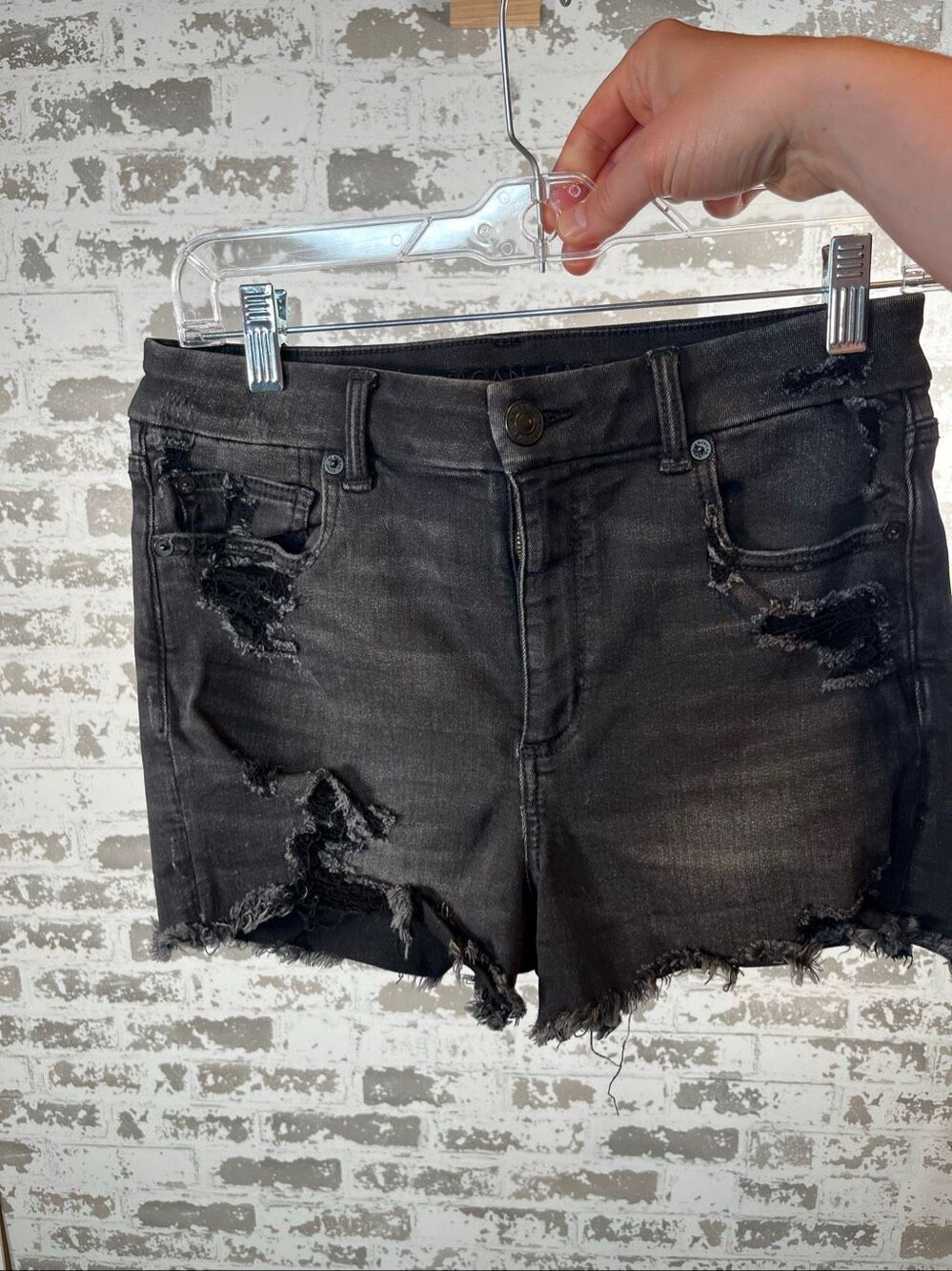American Eagle | women black denim distressed shorts curvy highrise